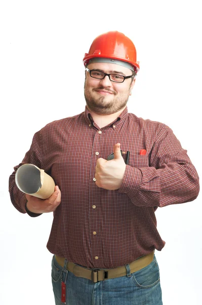 メガネと赤のハード帽子で深刻なビルダー — ストック写真