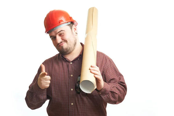 Seriöser Bauunternehmer mit Brille und rotem Hut — Stockfoto