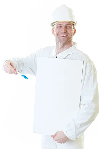 Constructeur homme avec blanc et stylo — Photo