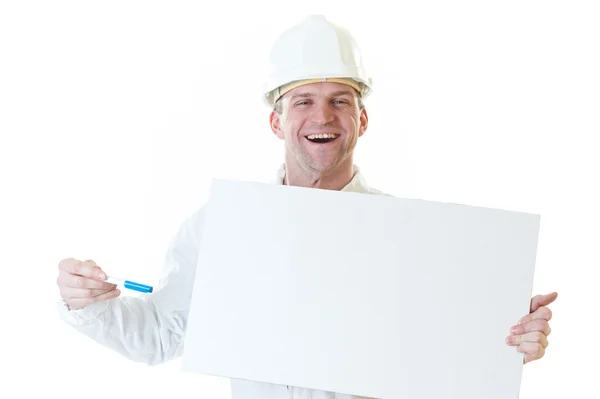 Builder man with blank and pen — Stock Photo, Image