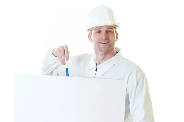 Builder man with blank and pen — Stock Photo, Image