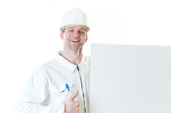Costruttore uomo con bianco e penna — Foto Stock