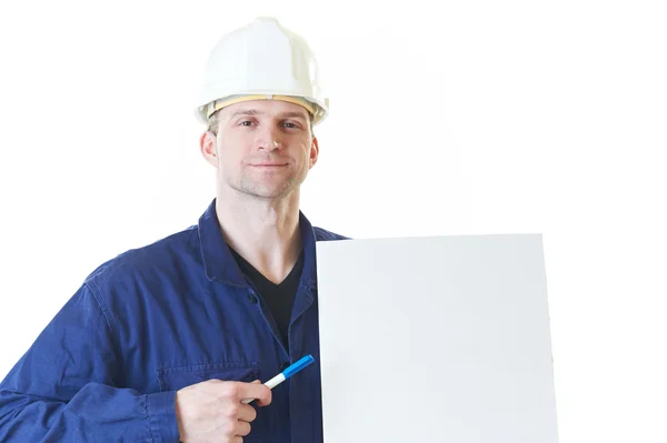 Construtor homem com branco e caneta — Fotografia de Stock