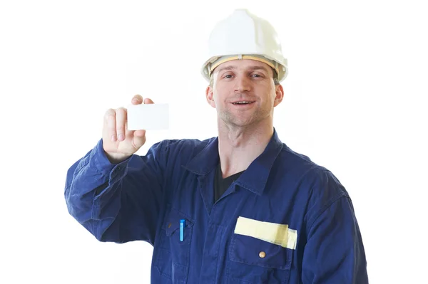 Constructor hombre en bata azul con tarjeta de visita —  Fotos de Stock