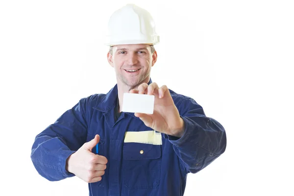 Bauarbeiter im blauen Gewand mit Visitenkarte — Stockfoto