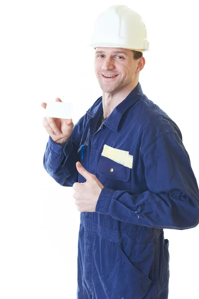 Construtor homem em roupão azul com cartão de visita — Fotografia de Stock