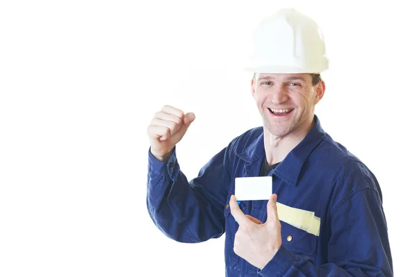 Bauarbeiter im blauen Gewand mit Visitenkarte — Stockfoto