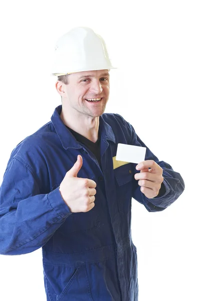 Construtor homem em roupão azul com cartão de visita — Fotografia de Stock