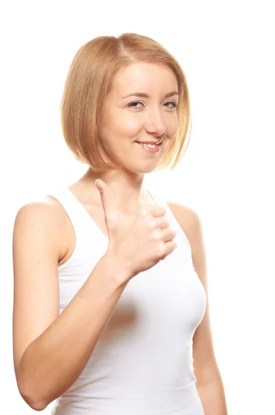 Mujer joven en blanco, mostrando los pulgares hacia arriba —  Fotos de Stock