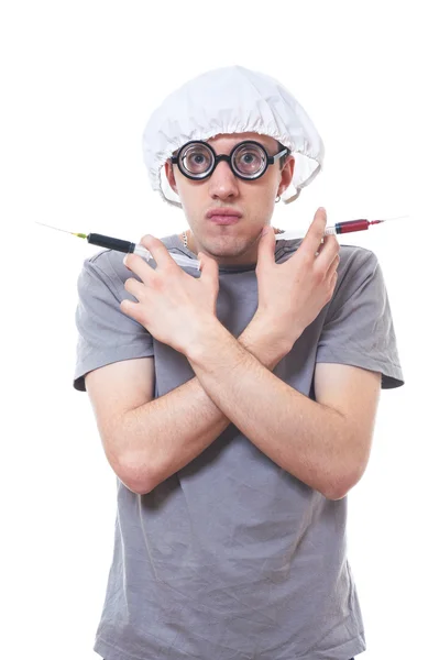 Retrato de un joven nerd con jeringa — Foto de Stock