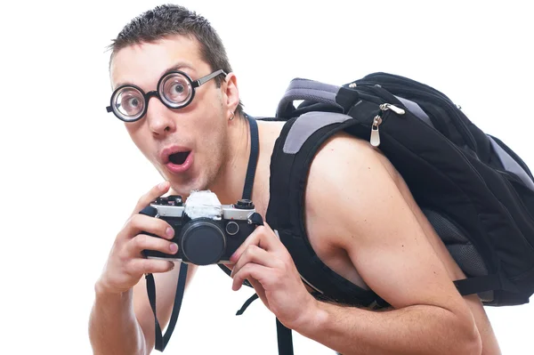 Portrét mladého blbeček staré staromódní fotoaparátem — Stock fotografie