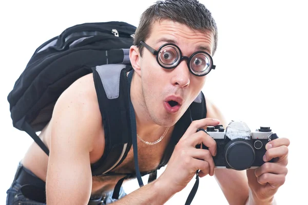 Portret van een jonge nerd met oude ouderwetse camera — Stockfoto