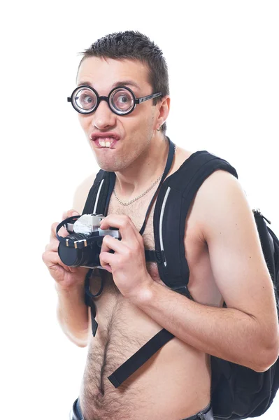 Retrato de um jovem nerd com câmera à moda antiga — Fotografia de Stock