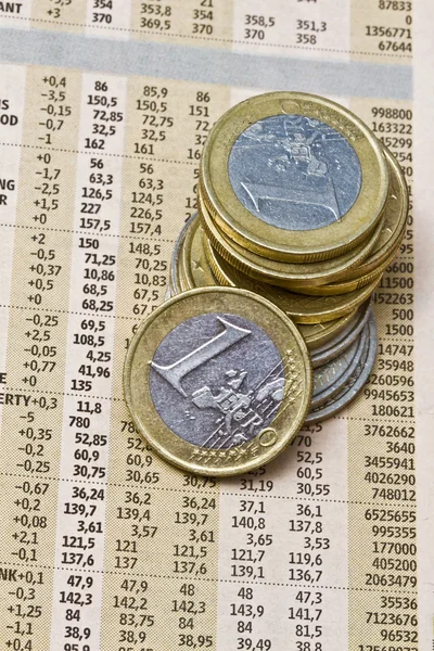 Euromünzen auf einer Finanzzeitung — Stockfoto