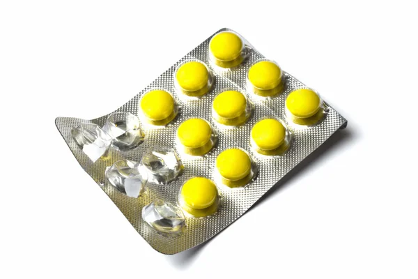 Paket Mit Gelben Pillen Isoliert Auf Weißem Hintergrund — Stockfoto