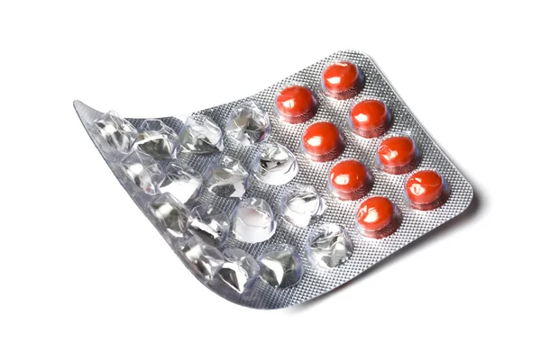 Alcune Pillole Rosse Isolate Sfondo Bianco — Foto Stock