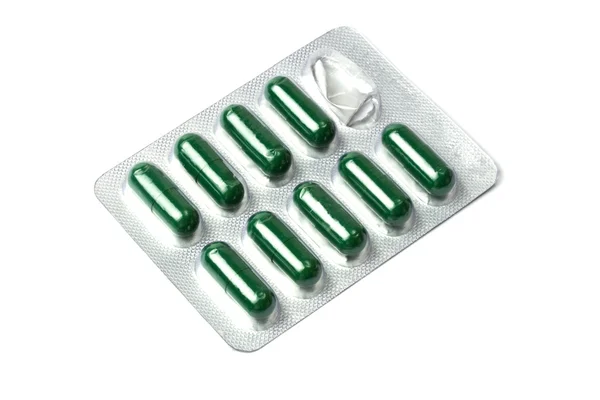 Green Capsules Packed Blister Isolated White — Stock Photo, Image