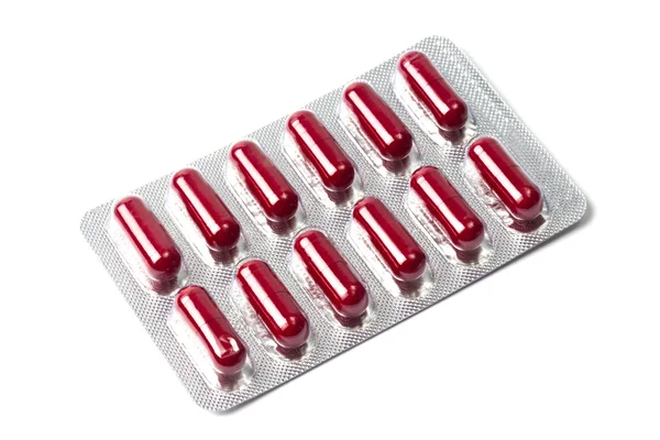 Red Capsules Packed Blister Isolated White — Stock Photo, Image