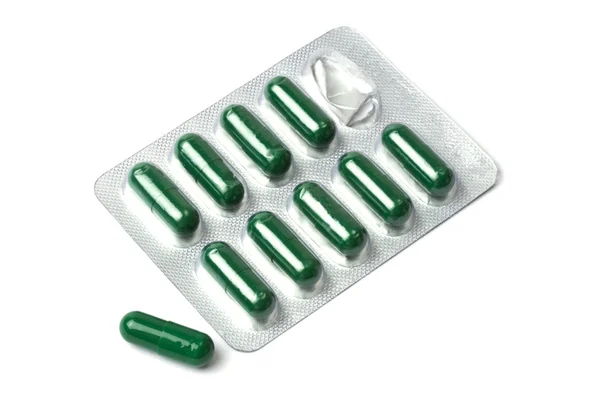 Green Capsules Packed Blister Isolated White — Stock Photo, Image