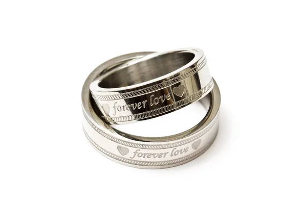 Snubní Prsteny Forever Love Izolovaných Bílém Pozadí — Stock fotografie