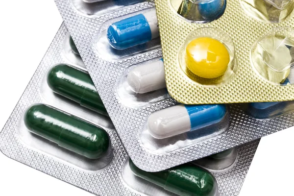 Różne Kapsułki Tabletki Zbliżenie Białym Tle — Zdjęcie stockowe