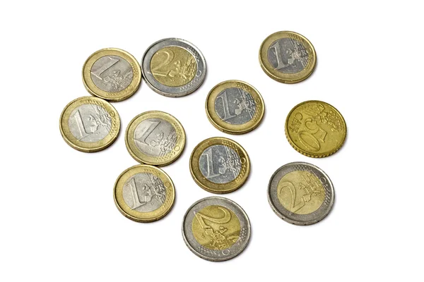 Евро Монеты Изолированы Белом Фоне — стоковое фото