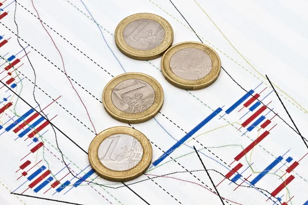Monedas en euros sobre fondo gráfico de negocios — Foto de Stock