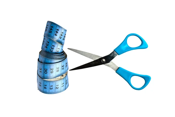 Blue tape measure and scissor — Stock Photo, Image