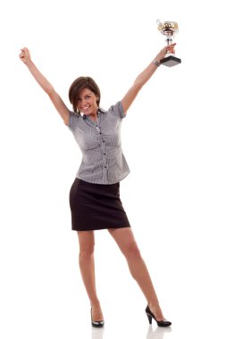 Business woman winning a trophy clipart