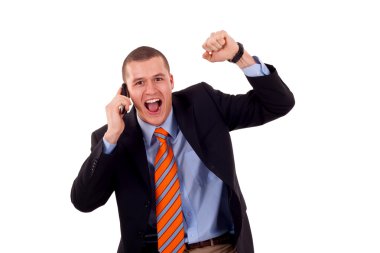 Man with cellular phone winning clipart