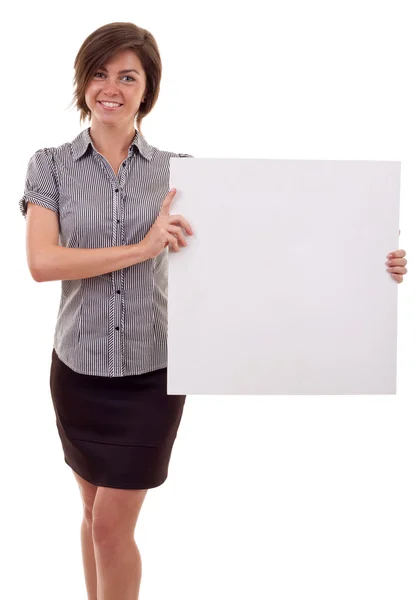 Femme tenant un panneau blanc — Photo