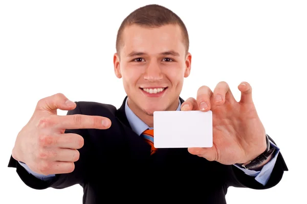Άνθρωπος δείχνει την επαγγελματική κάρτα — Φωτογραφία Αρχείου