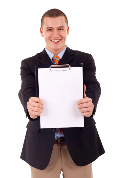Man holding a blank clipboard — Stock Photo, Image