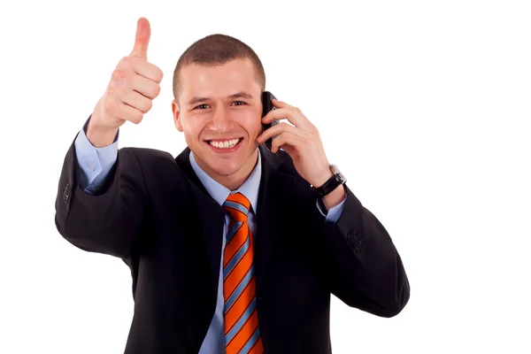 Hombre mostrando pulgar hacia arriba en el teléfono — Foto de Stock