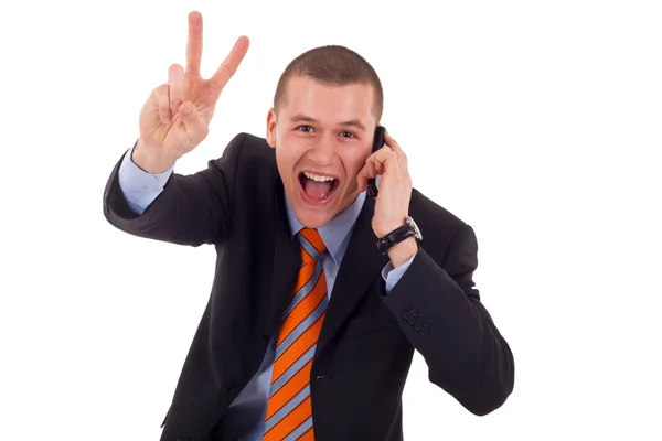 Άνθρωπος κάνοντας σήμα της νίκης στο τηλέφωνο — Φωτογραφία Αρχείου