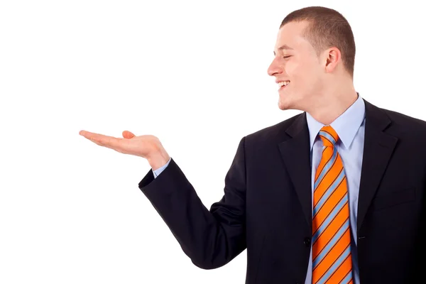 Man showing something on his hand Royalty Free Stock Images