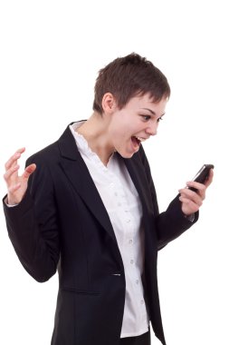 Woman shouting to a mobile clipart