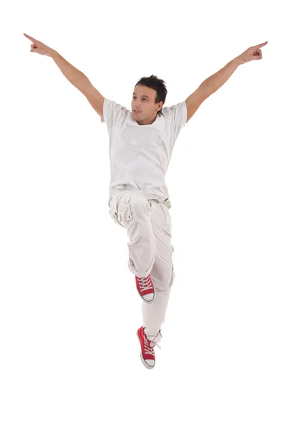 Dancer with hands up jumps — Stock Photo, Image
