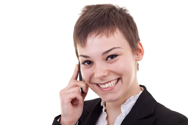 Жінка по телефону посміхається — стокове фото
