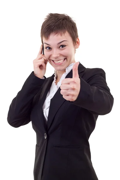 Woman with phone and thumbs up — Stock Photo, Image
