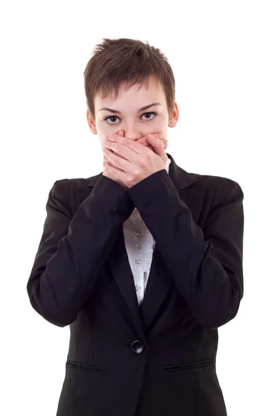 Woman covering her mouth with hands — Stock Photo, Image