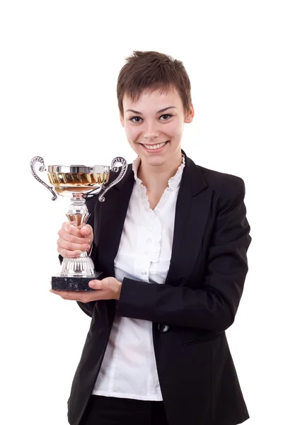 Business woman holding a silver cup — Stock Photo, Image