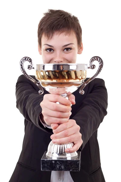 Woman winning a gold trophy — Stock Photo, Image