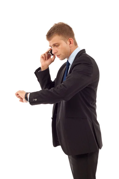 Checking time and talking to a phone — Stock Photo, Image