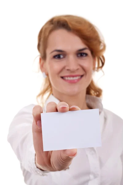 Mujer mostrando una tarjeta — Foto de Stock