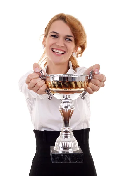 Jovem mulher ganhando um troféu — Fotografia de Stock