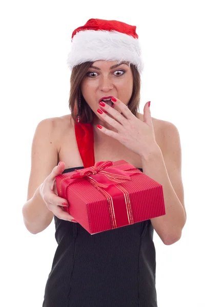 Mulher surpresa com Papai Noel — Fotografia de Stock