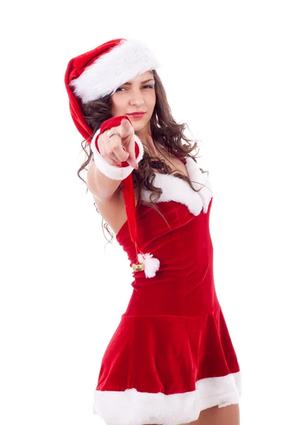 Frau mit Weihnachtsmannmütze zeigt auf — Stockfoto