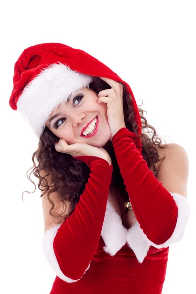 Kırmızı elbise ve Noel Baba şapkalı kız — Stok fotoğraf