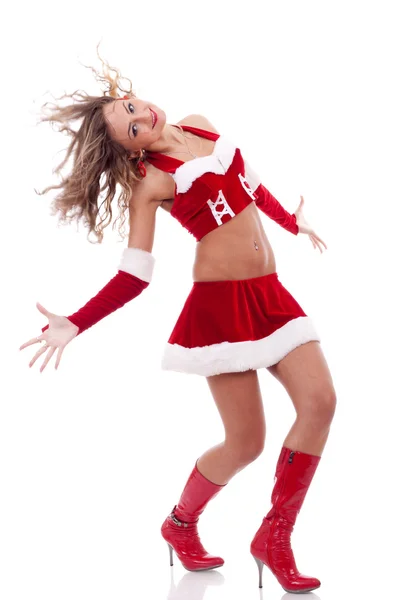Girl as Santa dances — Stock Photo, Image
